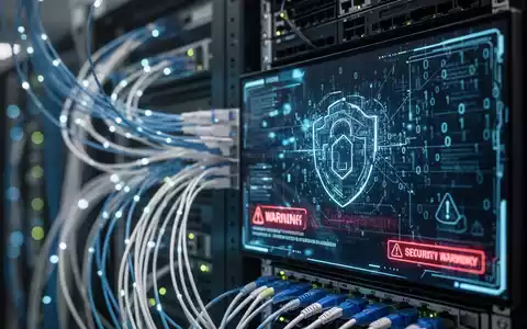 Abstraktes digitales Interface mit binärem Code und Warnmeldungen in einem Serverraum, das Cybersicherheit symbolisiert. - Foto: über boerse-global.de