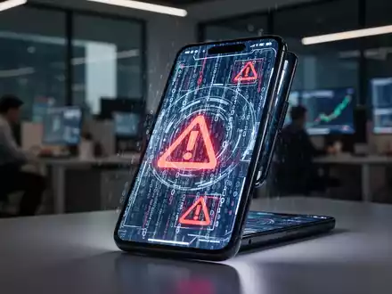 Ein leuchtendes Smartphone-Display mit digitalen Warnsymbolen und abstraktem Binärcode in einem modernen Büro. - Foto: über boerse-global.de