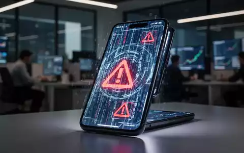 Ein leuchtendes Smartphone-Display mit digitalen Warnsymbolen und abstraktem Binärcode in einem modernen Büro. - Foto: über boerse-global.de