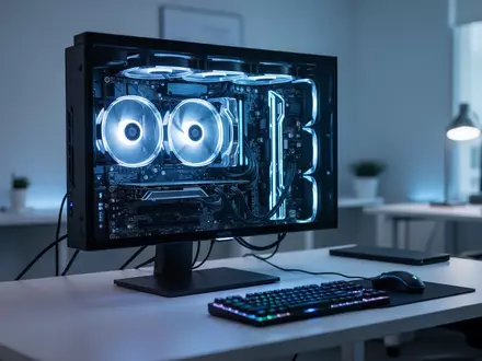 Nahaufnahme einer internen Computer-Festplatte in einem modernen PC-Gehäuse mit blauer Beleuchtung. - Foto: über boerse-global.de