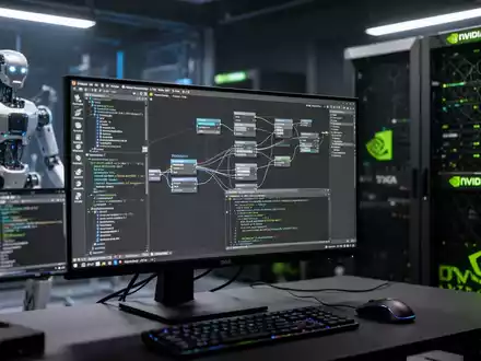 Hochwertige 3D-Animations-Workstation mit komplexen prozeduralen Charakter-Rigging-Knoten und KI-generiertem Code. - Foto: ĂŒber boerse-global.de