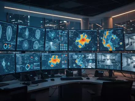Modernes Sicherheits-Kontrollzentrum mit digitalen Bildschirmen, die KI-gestützte Überwachungsdaten und Analysen anzeigen. - Foto: über boerse-global.de