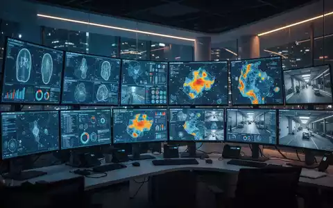 Modernes Sicherheits-Kontrollzentrum mit digitalen Bildschirmen, die KI-gestützte Überwachungsdaten und Analysen anzeigen. - Foto: über boerse-global.de