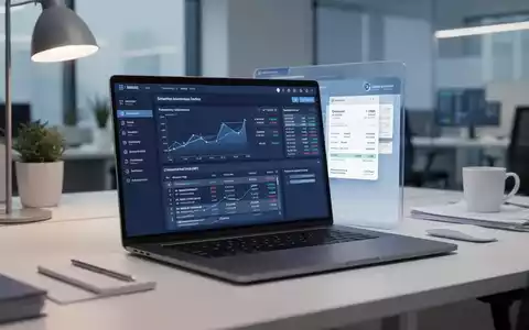 Moderner Arbeitsplatz mit Laptop, auf dem digitale Buchhaltungsdaten und E-Rechnungsprozesse angezeigt werden. - Foto: über boerse-global.de