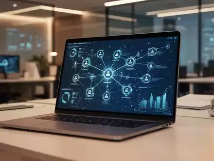 Moderner Büroarbeitsplatz mit einem Laptop, das komplexe Datenvisualisierungen und digitale Workflows anzeigt. - Foto: über boerse-global.de