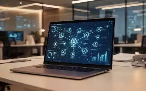 Moderner Büroarbeitsplatz mit einem Laptop, das komplexe Datenvisualisierungen und digitale Workflows anzeigt. - Foto: über boerse-global.de
