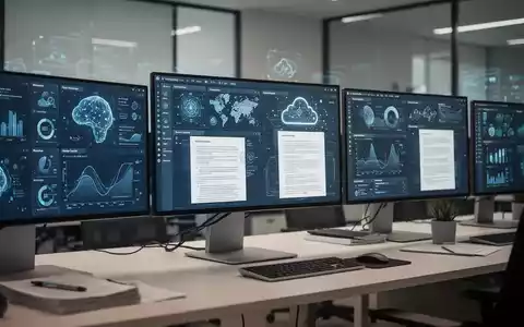 Ein moderner Büroschreibtisch mit mehreren Monitoren, die KI-gestützte Produktivitätssoftware und Datenanalysen anzeigen. - Foto: über boerse-global.de