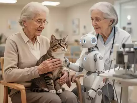 Ein Senior berührt eine lebensecht wirkende Roboterkatze in einem hellen Pflegezentrum. - Foto: über boerse-global.de