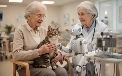 Ein Senior berührt eine lebensecht wirkende Roboterkatze in einem hellen Pflegezentrum. - Foto: über boerse-global.de