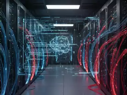 Ein moderner Serverraum mit leuchtenden Datenkabeln und komplexen Code-Anzeigen auf einem Bildschirm als Symbol für Cybersicherheit. - Foto: über boerse-global.de