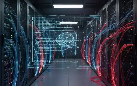Ein moderner Serverraum mit leuchtenden Datenkabeln und komplexen Code-Anzeigen auf einem Bildschirm als Symbol für Cybersicherheit. - Foto: über boerse-global.de