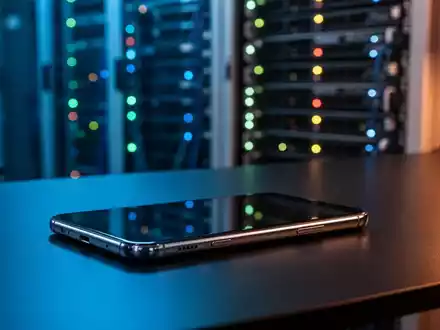 Ein Smartphone auf einem Schreibtisch mit unscharfen Serveranlagen im Hintergrund, die Telekommunikationsinfrastruktur darstellen. - Foto: über boerse-global.de