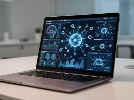 A high-end office workspace with a laptop displaying complex data visualizations and artificial intelligence concepts. - Foto: über boerse-global.de