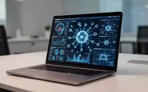 A high-end office workspace with a laptop displaying complex data visualizations and artificial intelligence concepts. - Foto: über boerse-global.de