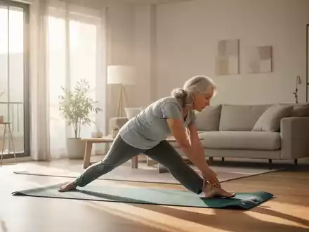 Eine ältere Person führt in einem sonnendurchfluteten, modernen Wohnzimmer sanfte Dehnübungen auf einer Yogamatte durch. - Foto: über boerse-global.de