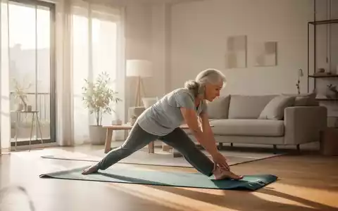 Eine ältere Person führt in einem sonnendurchfluteten, modernen Wohnzimmer sanfte Dehnübungen auf einer Yogamatte durch. - Foto: über boerse-global.de