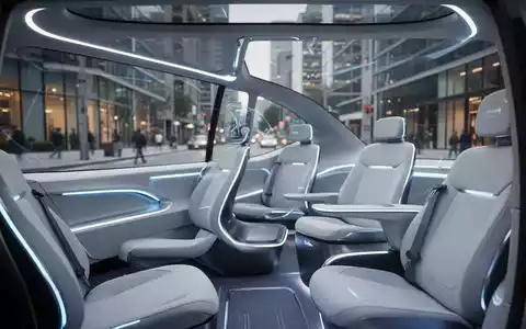 Innenraum eines futuristischen autonomen Robotaxis mit nach innen gerichteten Sitzen und ohne herkömmliche Lenksteuerung. - Foto: über boerse-global.de