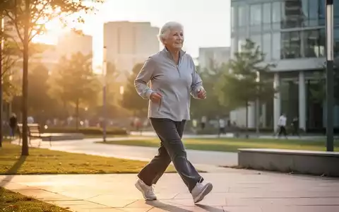 Eine ältere, aktive Person geht zügig in einem sonnendurchfluteten Park, symbolisch für präventives Gesundheitstraining. - Foto: über boerse-global.de