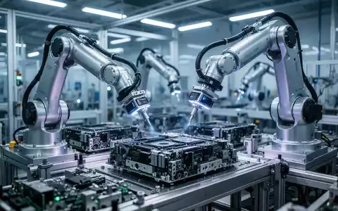 Roboterarme an einer Hightech-Montagelinie, die KI-gesteuerte industrielle Automatisierung in einer modernen Fabrik darstellen. - Foto: über boerse-global.de