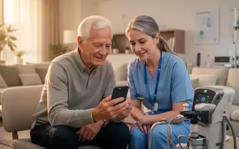 Eine pflegende Person und ein Senior schauen gemeinsam auf ein Smartphone, umgeben von einer hellen, modernen Wohnumgebung. - Foto: über boerse-global.de