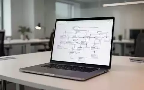 Moderner Arbeitsplatz mit einem Laptop, auf dessen Bildschirm ein komplexes technisches Flussdiagramm zu sehen ist. - Foto: über boerse-global.de