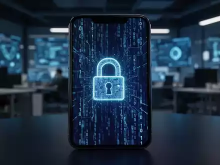 Ein Smartphone-Bildschirm zeigt digitale Sicherheits-Symbole und binären Code als Metapher für mobile Malware-Bedrohungen. - Foto: über boerse-global.de