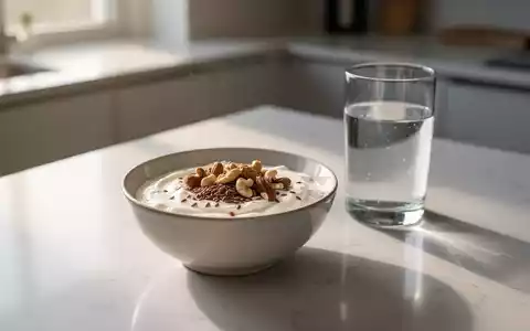 Ein proteinreiches Frühstück mit Joghurt, Nüssen und Leinsamen auf einem modern gedeckten Tisch im Morgenlicht. - Foto: über boerse-global.de