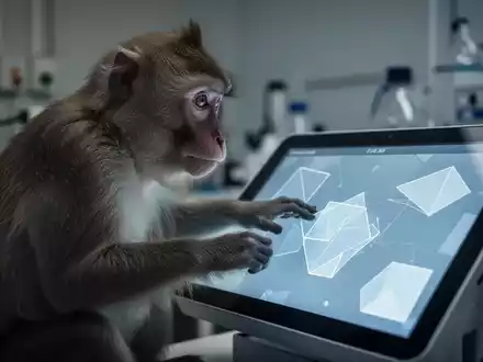 Ein Rhesusmakake interagiert mit einem Bildschirm, auf dem geometrische Formen zur Untersuchung kognitiver Muster zu sehen sind. - Foto: über boerse-global.de