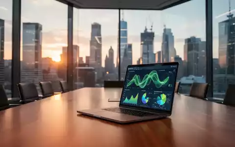 Moderner Konferenzraum mit Laptop, auf dem Nachhaltigkeitsdaten visualisiert werden. - Foto: über boerse-global.de