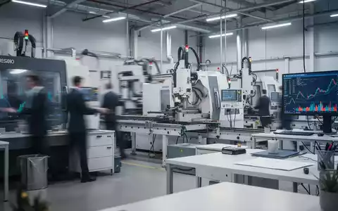 Moderne Industrieanlage mit verschwommenen Maschinen im Hintergrund als Symbol für die deutsche Wirtschaftsentwicklung. - Foto: über boerse-global.de