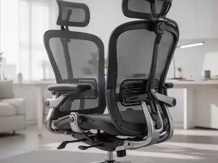 Hochwertiger ergonomischer Bürostuhl in einem modern gestalteten Home-Office mit Fokus auf Rückenlehne und Armlehnen. - Foto: über boerse-global.de