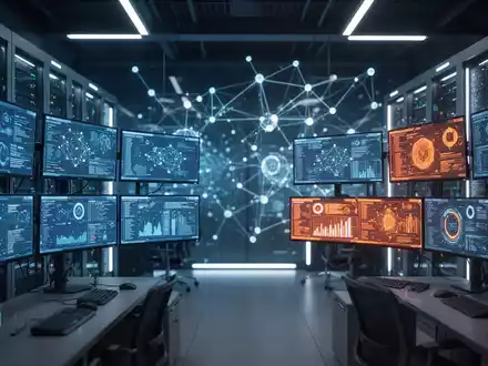 Modernes Security Operations Center mit leuchtenden Datenvisualisierungen und abstrakten Netzwerkknoten. - Foto: über boerse-global.de