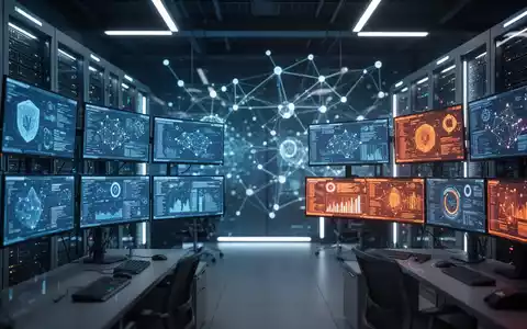 Modernes Security Operations Center mit leuchtenden Datenvisualisierungen und abstrakten Netzwerkknoten. - Foto: über boerse-global.de