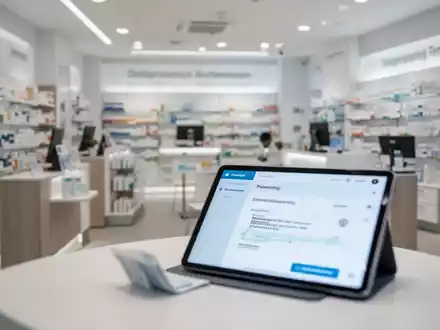 Moderne deutsche Apotheke mit digitalem Tablet, das eine E-Rezept-Oberfläche anzeigt. - Foto: über boerse-global.de