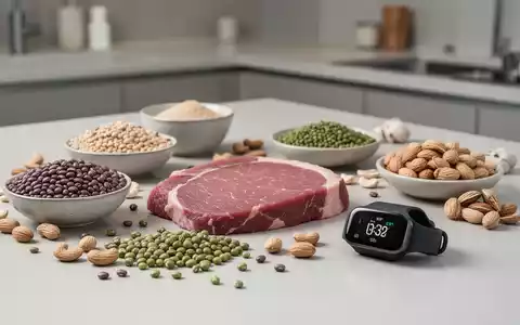 Eine Auswahl proteinreicher Lebensmittel wie Hülsenfrüchte und Nüsse neben einem Fitness-Tracker auf einer Küchenoberfläche. - Foto: über boerse-global.de