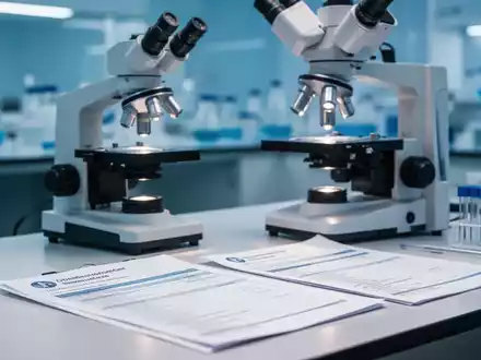 Medizinische Forschungsunterlagen und ein Mikroskop auf einem Schreibtisch in einer klinischen Umgebung. - Foto: über boerse-global.de