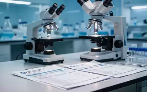 Medizinische Forschungsunterlagen und ein Mikroskop auf einem Schreibtisch in einer klinischen Umgebung. - Foto: über boerse-global.de