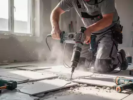 Handwerker entfernt professionell Bodenbeläge mit einem Bohrhammer auf einer Baustelle. - Foto: über boerse-global.de