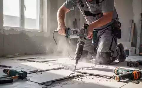 Handwerker entfernt professionell Bodenbeläge mit einem Bohrhammer auf einer Baustelle. - Foto: über boerse-global.de