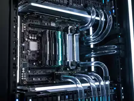 Nahaufnahme von Hochleistungs-Serverhardware und Flüssigkühlsystemen in einem modernen Enterprise-Rechenzentrum. - Foto: über boerse-global.de