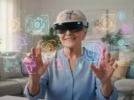 Ein Senior trägt eine Augmented-Reality-Brille und interagiert mit digitalen Elementen für ein kognitives Training. - Foto: über boerse-global.de