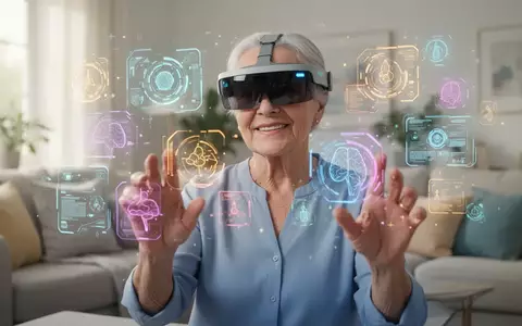 Ein Senior trägt eine Augmented-Reality-Brille und interagiert mit digitalen Elementen für ein kognitives Training. - Foto: über boerse-global.de