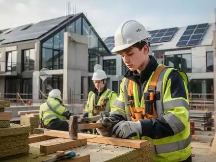 Auszubildender auf einer modernen Baustelle bei der Arbeit, Fokus auf zukunftsorientierte und nachhaltige Ausbildung. - Foto: über boerse-global.de