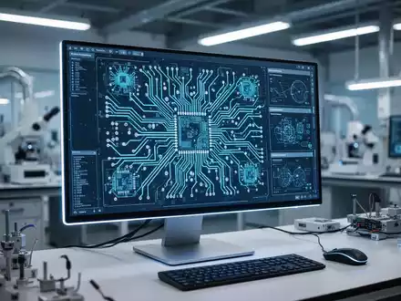 Hochdetaillierte Ansicht eines komplexen Leiterplatten-Designs auf einem modernen Computerbildschirm in einem Labor. - Foto: über boerse-global.de