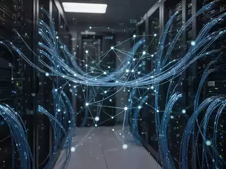 Digitale Netzwerkvisualisierung und Glasfaserkabel in einem dunklen Serverraum als Symbol für Cybersicherheit. - Foto: über boerse-global.de