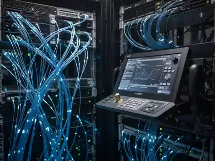 Hochtechnologie-Serverrack mit leuchtenden Kabeln, die Cybersicherheit und Infrastrukturschutz symbolisieren. - Foto: über boerse-global.de