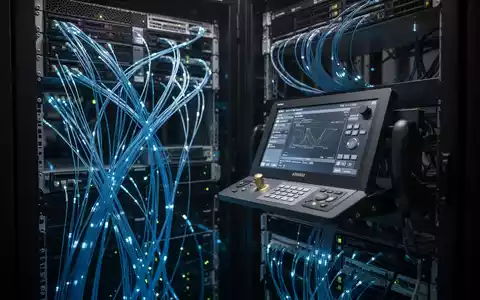 Hochtechnologie-Serverrack mit leuchtenden Kabeln, die Cybersicherheit und Infrastrukturschutz symbolisieren. - Foto: über boerse-global.de