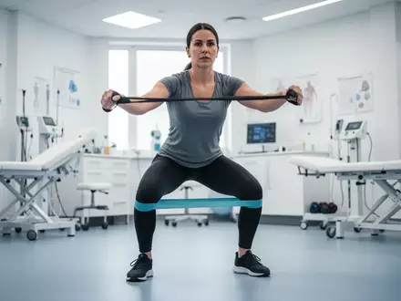 Eine Person führt in einem physiotherapeutischen Umfeld eine Kniebeuge mit einem Widerstandsband aus. - Foto: über boerse-global.de