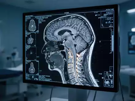MRT-Aufnahme eines menschlichen Gehirns und der Halswirbelsäule auf einem medizinischen Monitor in einer Klinik. - Foto: über boerse-global.de
