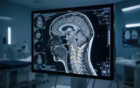 MRT-Aufnahme eines menschlichen Gehirns und der Halswirbelsäule auf einem medizinischen Monitor in einer Klinik. - Foto: über boerse-global.de
